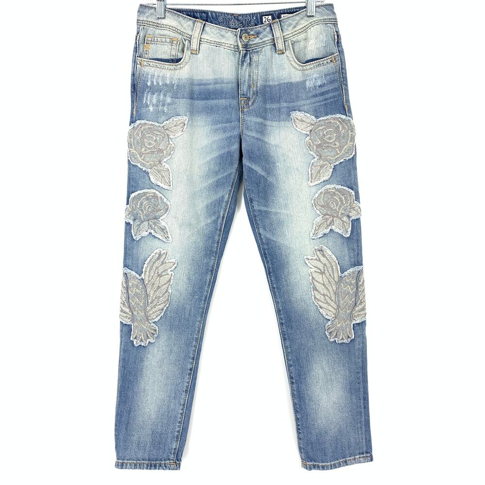 Miss Me Jeans Women's Size 26 Embroidered Boyfriend Ankle Denim Mid Rise Blue